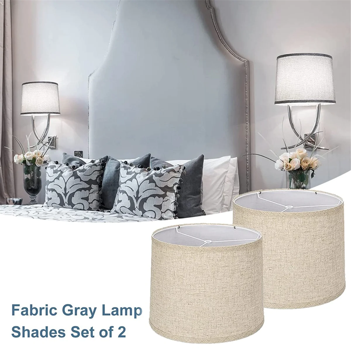 2PCS Lamp Shades Natural Linen Lampshades High Replacement Fabric Lampshades for Table Lamp Floor Lamp-Grey