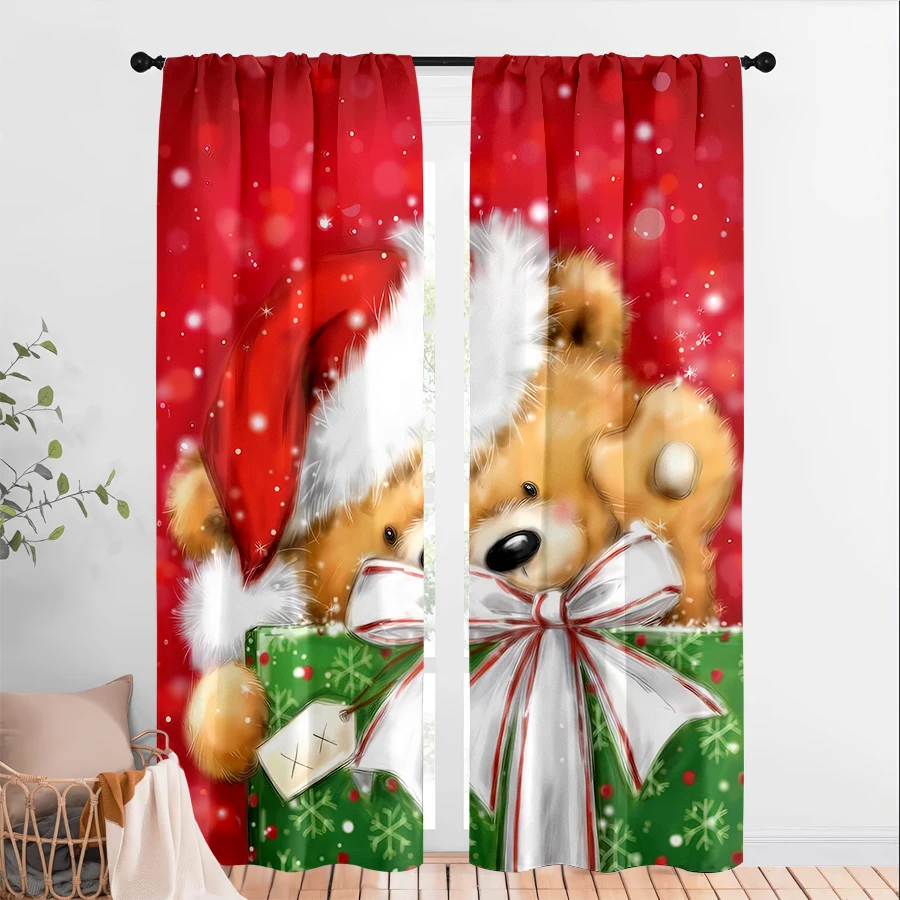 2PCS Christmas Curtains, Teddy Bear Gift Box, Digital Print, Bedroom Living Room Kitchen, Rod Pocket Polyester, Home Decor