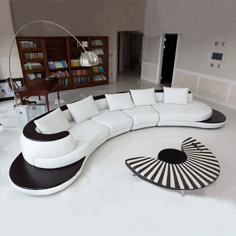 Italian curved leather sofa high fashion light luxury simple modern horizontal hall