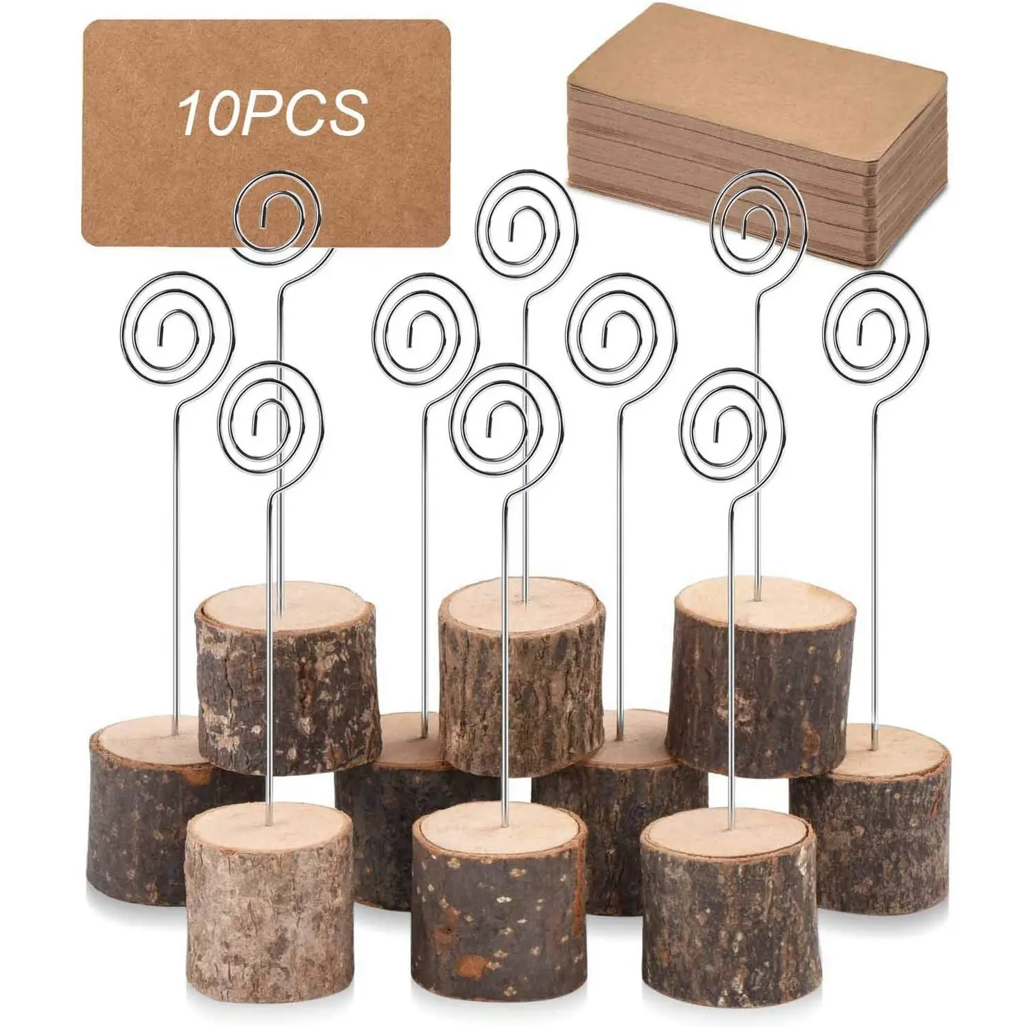 30Pc Wood Place Card Holders With Swirl Wire Kraft Place Cards Rustic Wood Table Number Holders Stands Name Cards Holder