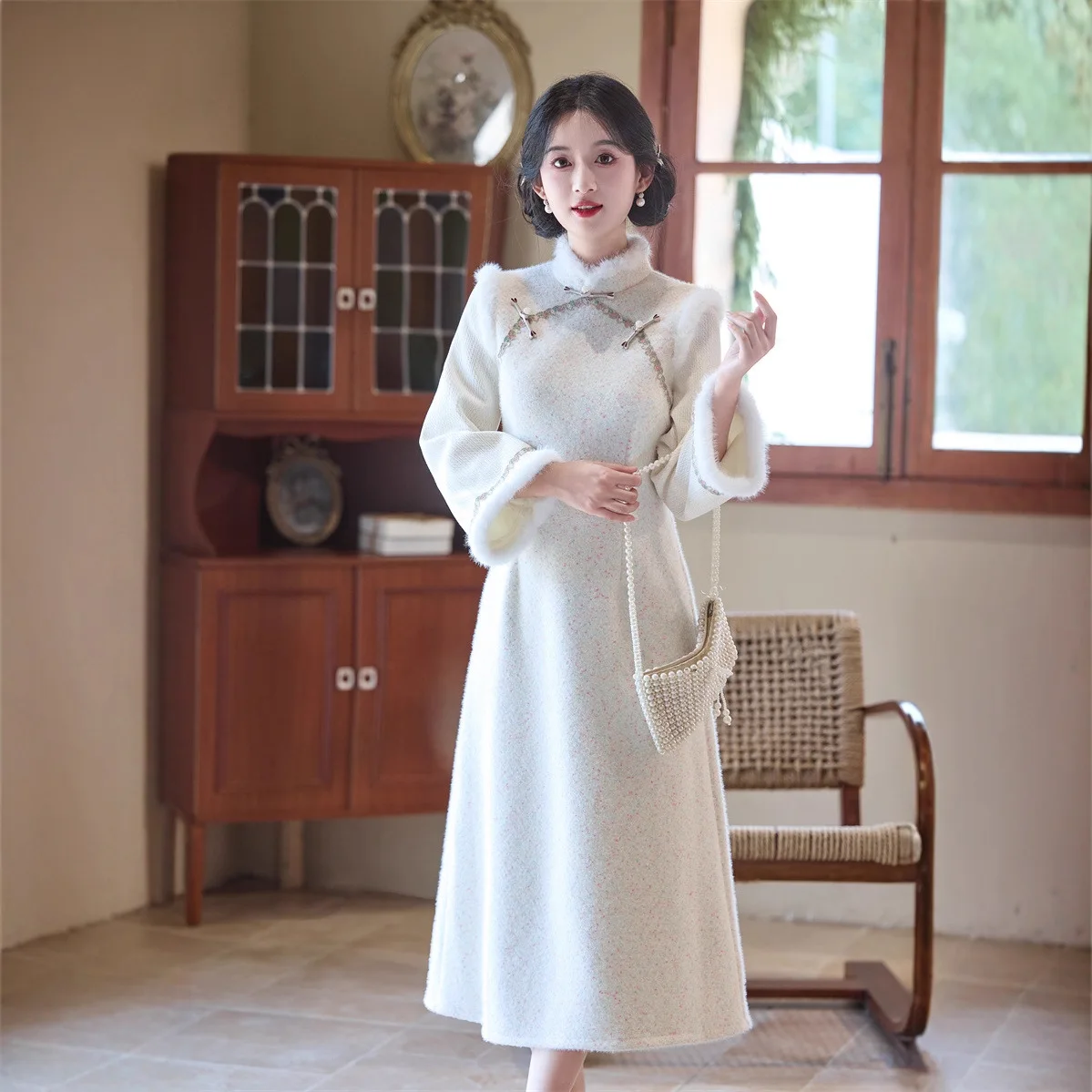 

Yourqipao Элегантное утепленное бархатное китайское традиционное зимнее вечернее платье Ципао с длинными рукавами и юбкой ханьфу