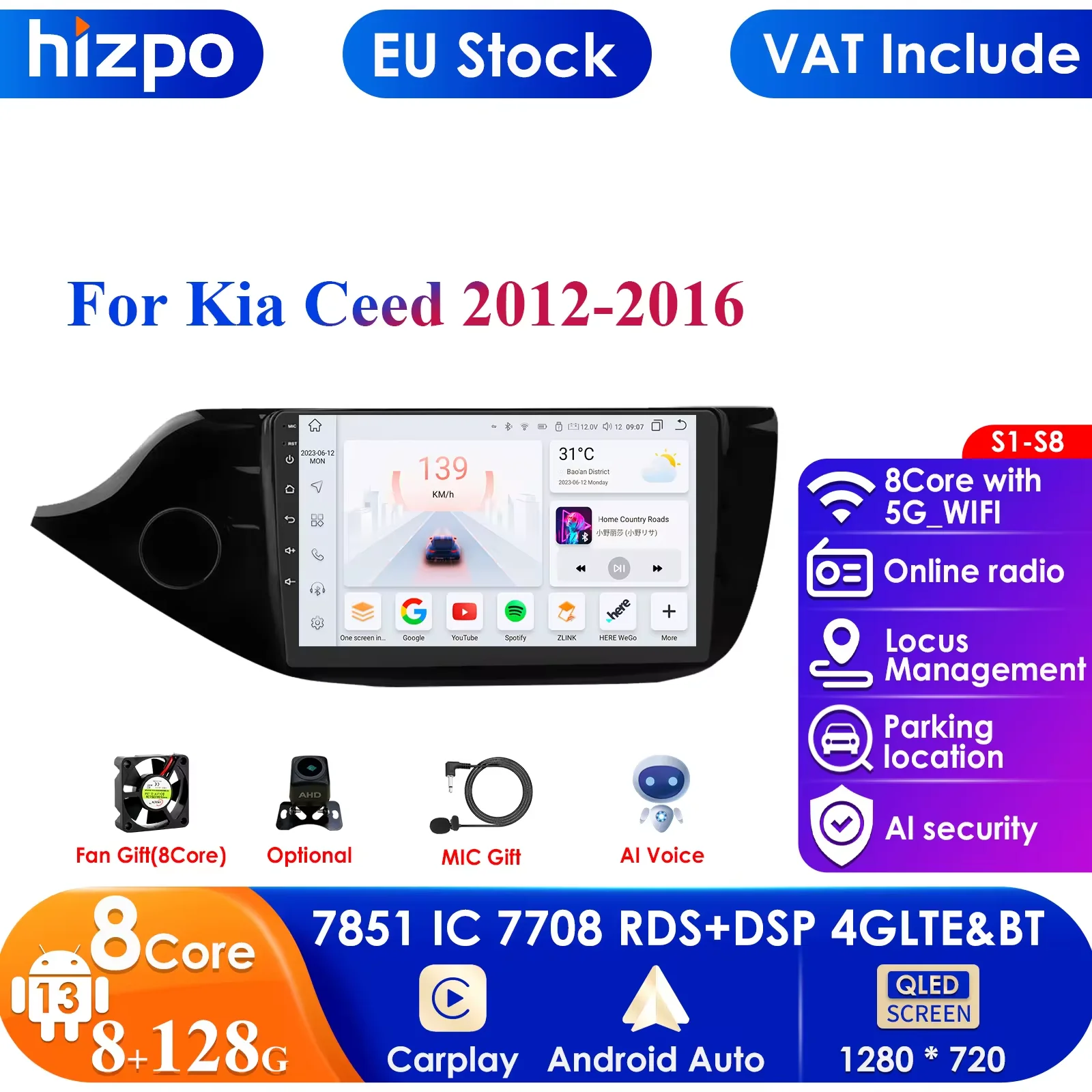 For Kia Ceed Cee'd 2 JD 2012 - 2018 Car Radio Multimedia Video Player Navigation Stereo GPS Carplay Android 13 Auto Radio 4GWIFI