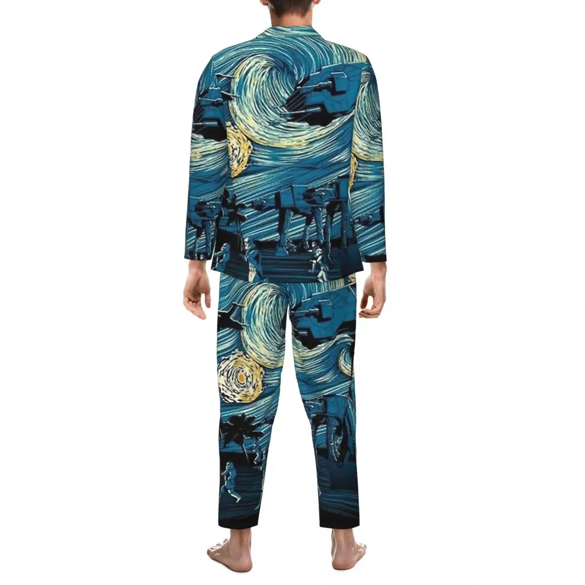 Pijamas masculinos noite estrelada mashups roupa de dormir diária duas peças conjuntos de pijama vintage manga longa macio oversized casa terno