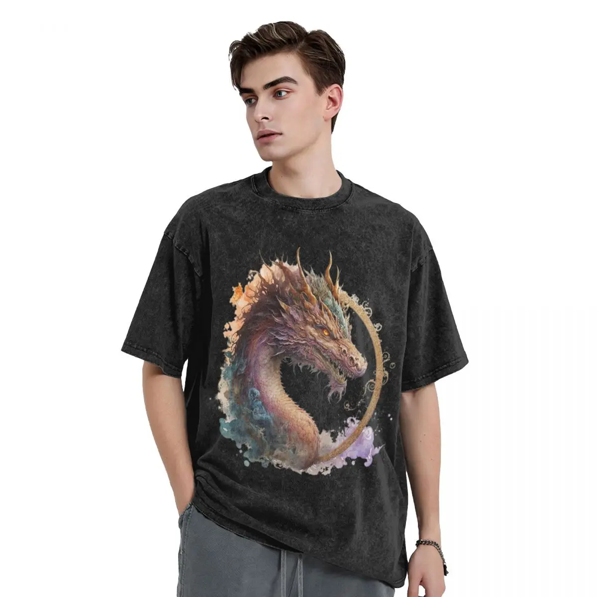 Chinese Loong Dragon woman Men Washed Hot stamping Print T-Shirt,Harajuku Cotton Tshirt Men's Summer Short Sleeve Tees