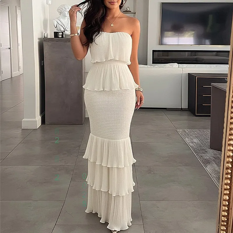 Summer Solid Off Shoulder Bodycon Mermaid Dress, Elegant Jumpsuit Playsuit Matching Set Evening Dress