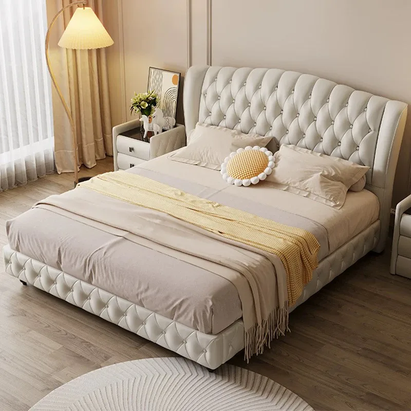 **Modern European-style Platform Bed with Genuine Leather Double-sized Extra-large Platform and Soft Cushioned Bed