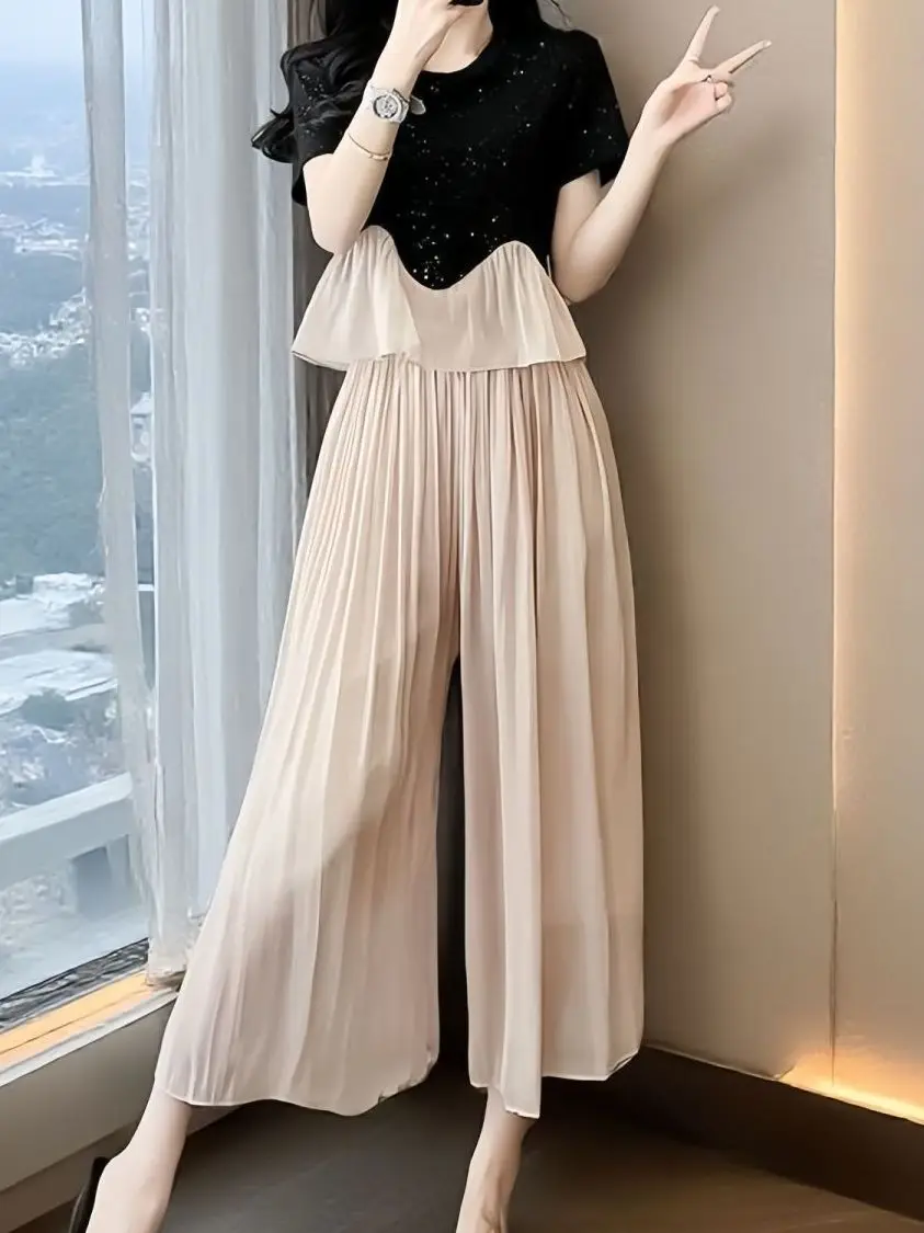 plus Size Women's Fashion Summer Set High Waist Wide Leg Pants Top with Ruffle Hem Two Piece Bright Color Contrast Sequin