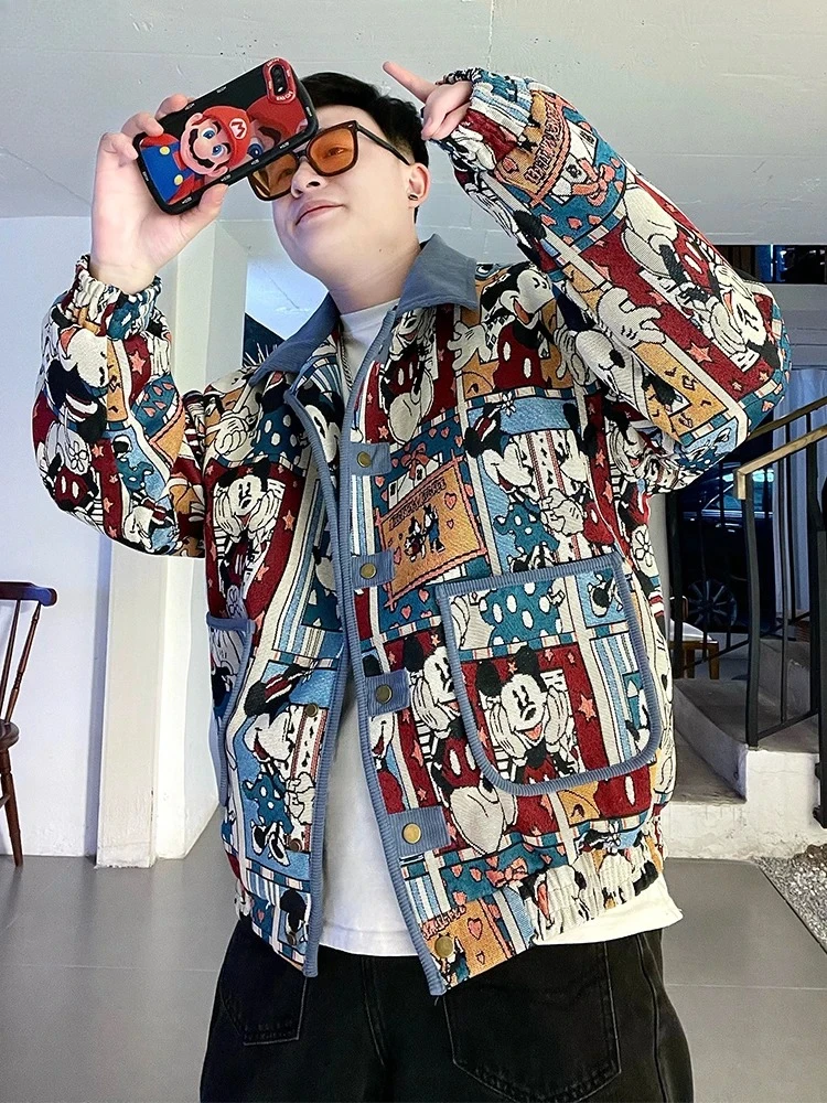 

Весенне-осенняя жаккардовая куртка с Микки Маусом, мужская и женская свободная универсальная нишевая дизайнерская куртка в американском стиле ретро