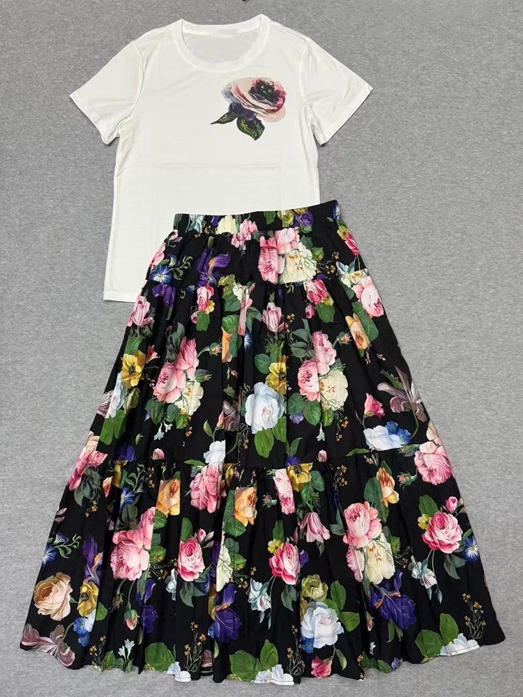 

Fashion print two-piece suit summer new round neck short sleeve T-shirt+elastic waist big swing skirt casual women's dress