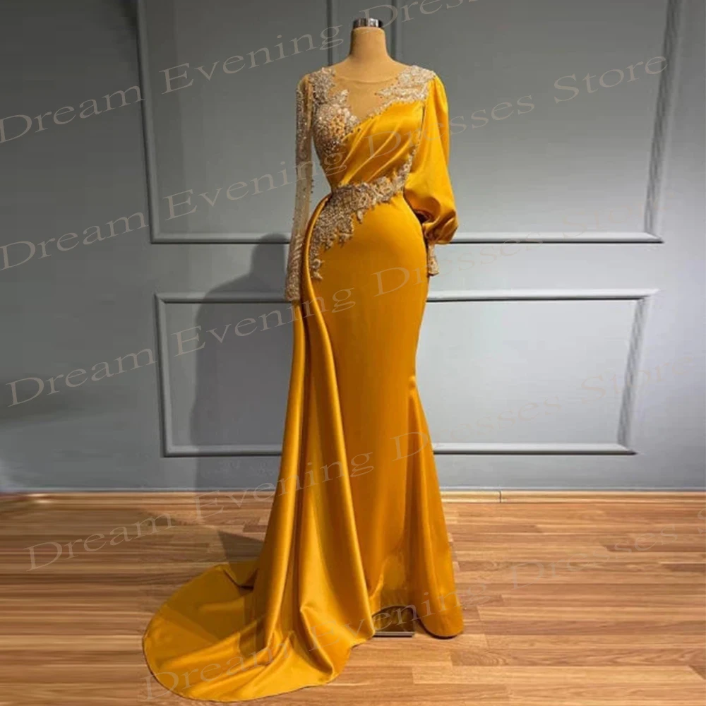 Vestido de noche amarillo de sirena para mujer, traje holgado con apliques de encaje y cuentas, manga larga, plisado, fiesta Formal, 2024