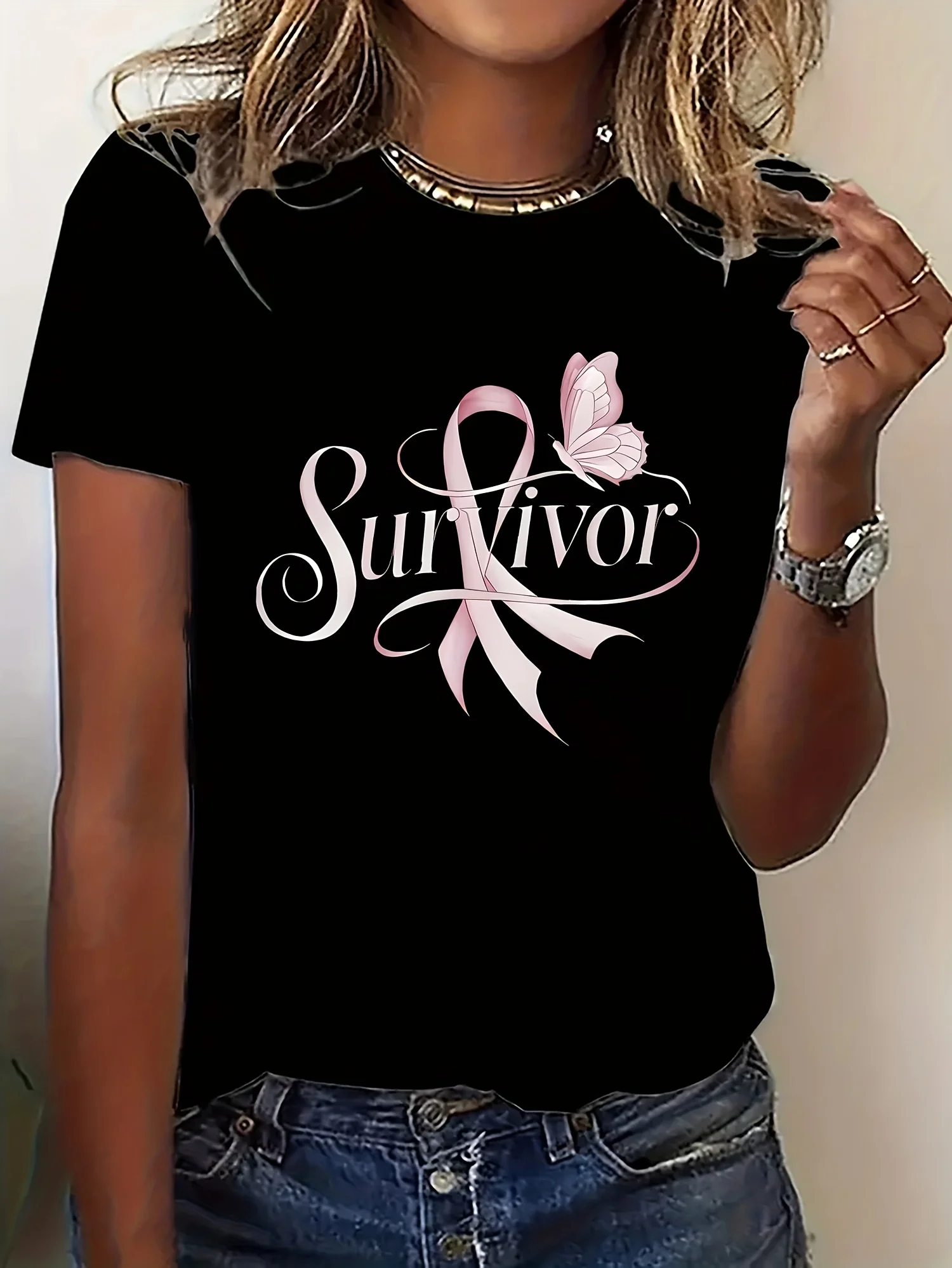 Damska różowa koszulka pastelowa na co dzień z napisem "Survivor", rękaw Harajuku, odzież codzienna, topy uliczne, koszulki, ubrania estetyczne.