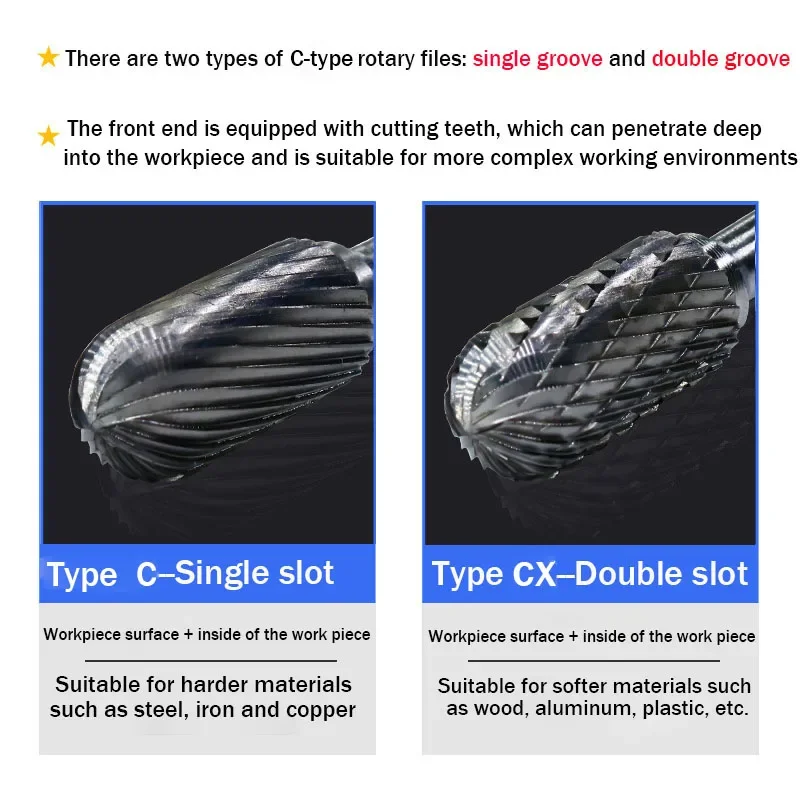 Cabeça de moagem de aço tungstênio, Carbide Rotary File C Tipo Cilíndrico Bit End Fresadora, Fresa de slot simples e duplo