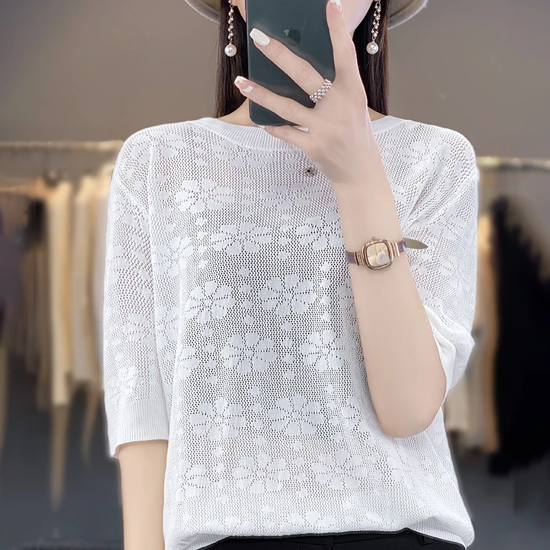 New Summer Fashion Women Sweater T-shirt Half-sleeve Ladies O-Neck Hollowed Out Tees Pullover Jacquard Weave Casual Knitted Top