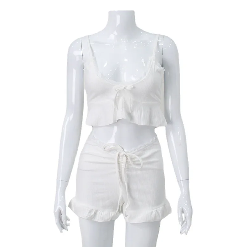 طقم قميص داخلي دانتيل مثير للنساء وشورتات مموجة، ملابس منزلية صيفية عادية طقم من قطعتين