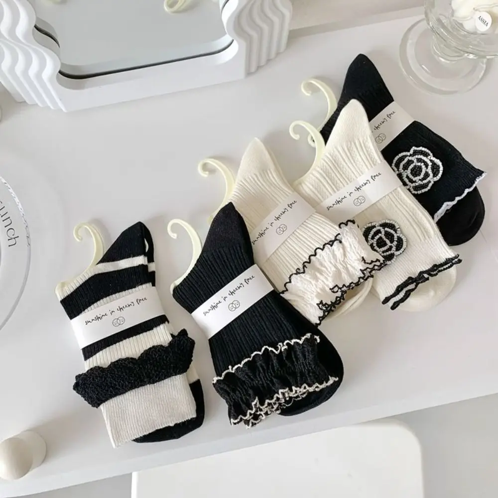Breathable Warm Ruffle Cute Trendy Thick Sweet Middle Tube Women Camellia Socks Cotton Hosiery Korean Style Socks
