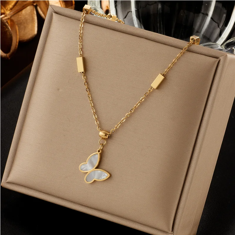 316L Stainless Steel New Fashion Upscale Jewelry Natural Shell Welded Butterfly Charms Chain Choker Necklaces Pendant For Women