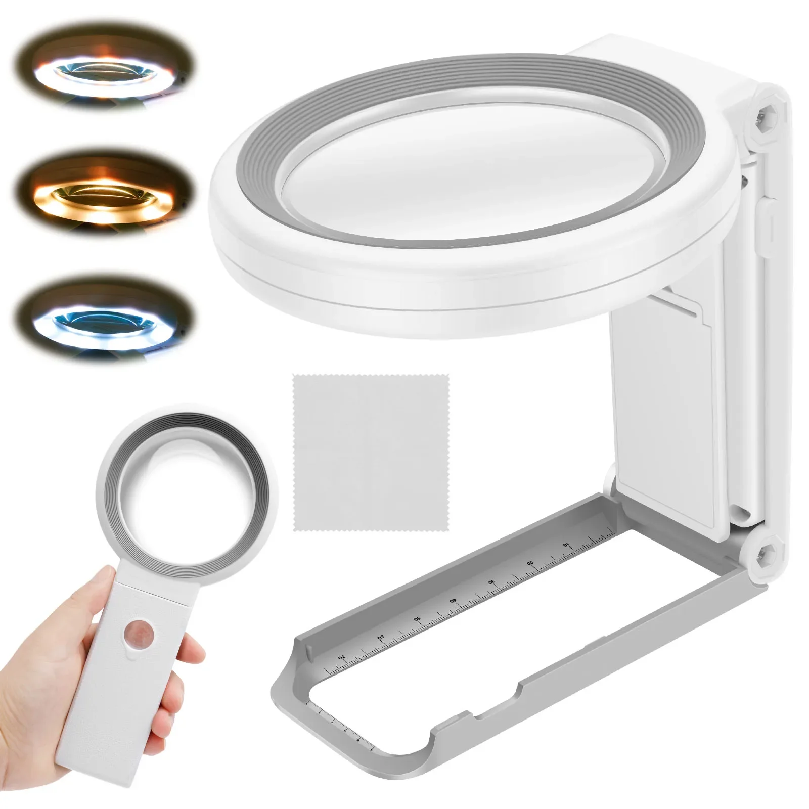 Dimmable 10X 30X LED Magnifying Glass 3 Color Temperature Dual Use Illuminated Page Magnifier for Reading Repairing Sewing