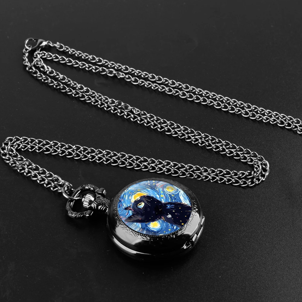 Hand-painted Cat Design Glass Dome Quartz Pocket Watch With Durable Chain Arabic Numeral Dial Extraordinary Gifts for Kids