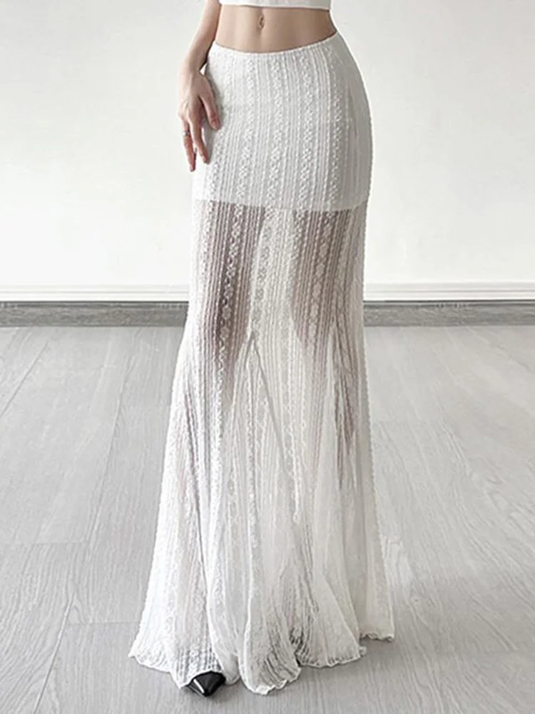Sexy See Through Lace Long Skirts Women Ocean Holiday Sweet Mermaid Skirt Vintage French Slim High Waist Lady Elegant Long Skirt
