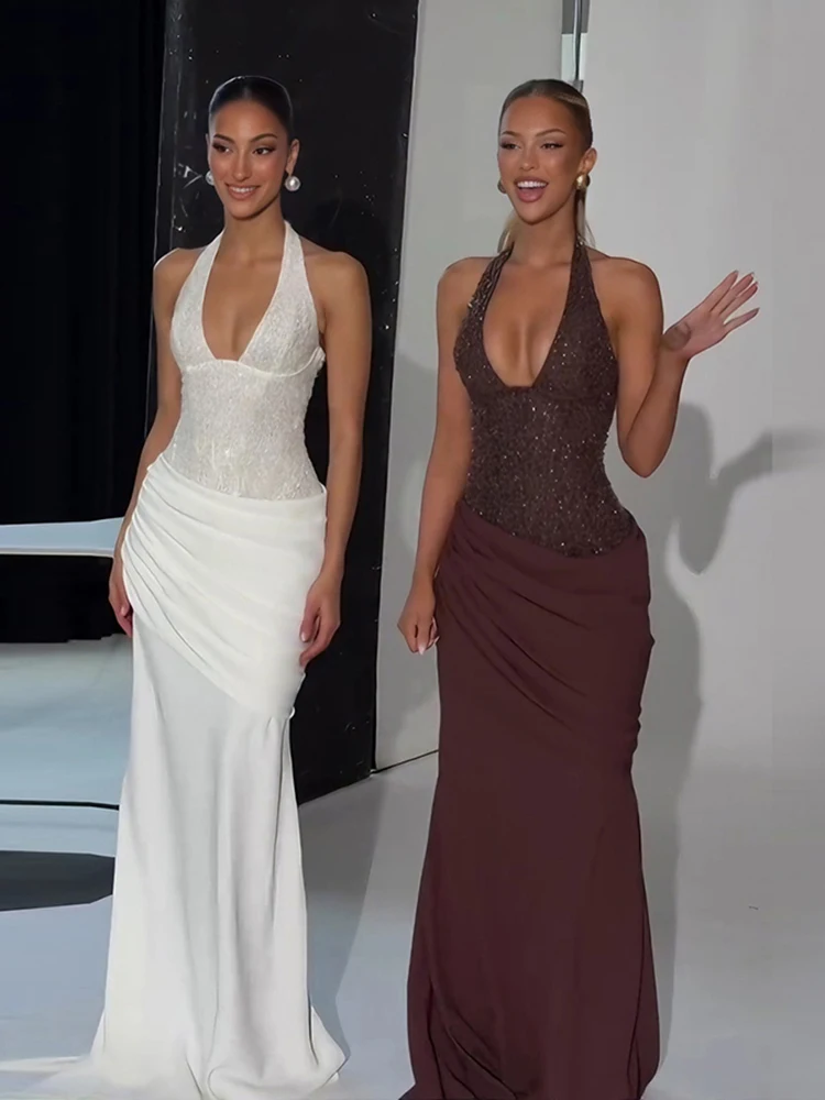 Seltsame Puss Pailletten Kleid Kleid Frauen Halter Low Brust Backless Patchwork Pfirsich Hüfte Elegante Sexy Geburtstag Cocktail Party Bodycon