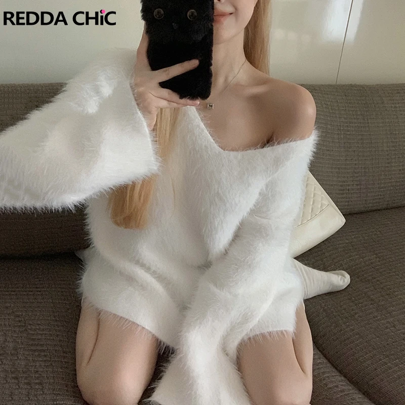 REDDACHiC V-neck Oversized Mohair Sweater Women Loose Casual Long Sleeves Solid White Plush Knitted Jumper Top Korean Streetwear