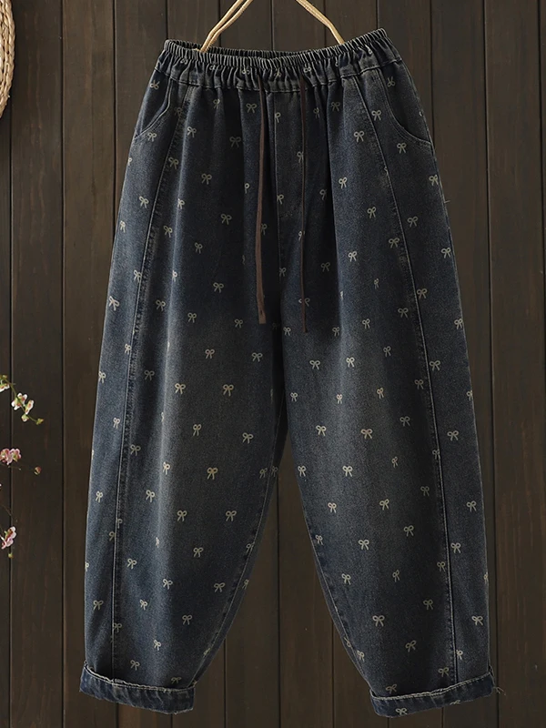 Artistic Vintage Women's Loose Fit Printed Denim Jeans Casual Straight Leg Harlan Pants Fashionable Slimming Autumn Long Trou...