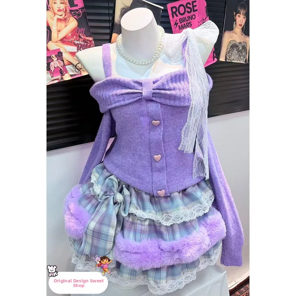 手作りオリジナルワンショルダーストラップニットセーター Y2K ふわふわケーキスカートベルベット女性の秋ファイオントップとボットセット