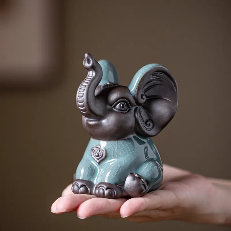 A Pair of Small Ceramic Elephant Figurines Fortune Symbols for Living Room Wine Cabinet Office Desktop Tea Table Decor Gifts