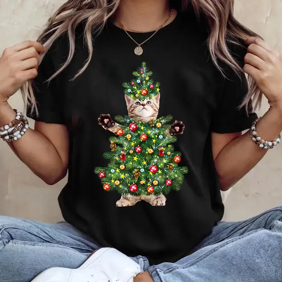 

New Christmas Kitten Pattern T-shirts, Men's and Women's Fashionable Retro T-shirts, Casual Oversized T-shirts, Street Wear