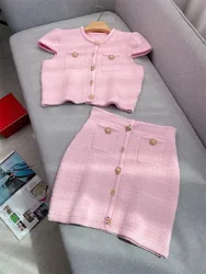 Quality Summer Autumn Diamond Knitted Two Piece Women Set Sweater Short Skirts 2pcs Outfits