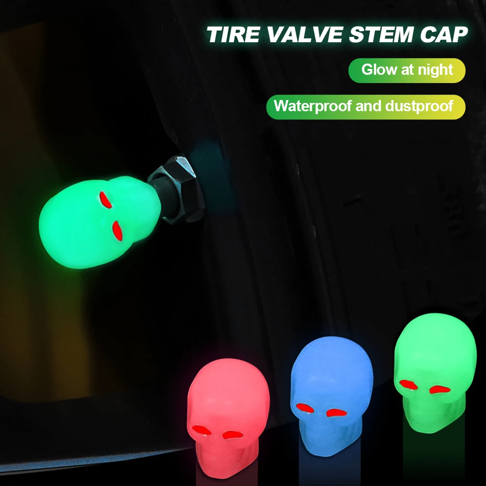 4X Car Tire Valve Cap Fluorescent Skull Head Auto Motorcycle Bicycle Nozzle Cap Decor Night Glowing Wheel Plug Cover Accessories