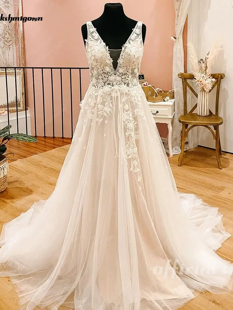 Lakshmigown Plunging Deep V Neck Flowy Lace Tulle Wedding Dress for Women 2024 Backless Bridal Gown vestido de noivas casament