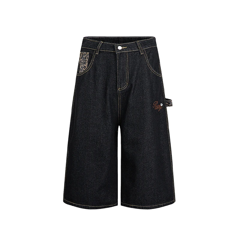 Leopard Print Splicing Denim Workwear Shorts Men Summer New American High Street Capri Pants Casual Loose Fashion Trousers