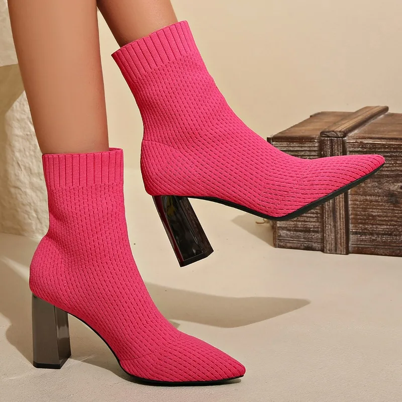 Women High Heels Ankle Sock Boots Knitting Pointed Toe Shoes Chelsea Pumps Boots 2024 Winter New Designer Chunky Zapatos Mujeres