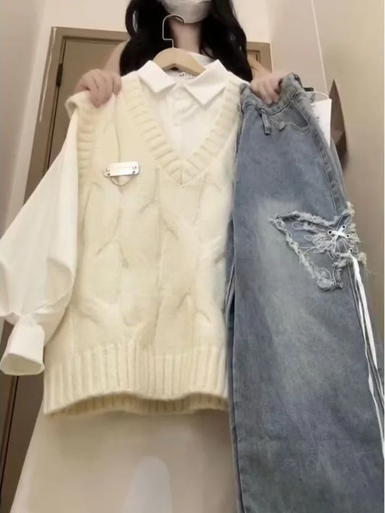 

Ранняя осень, вязаный свитер для колледжа, жилет Long Sve V-Ne, женский комплект с витым узором, повседневная одежда из полиэстера