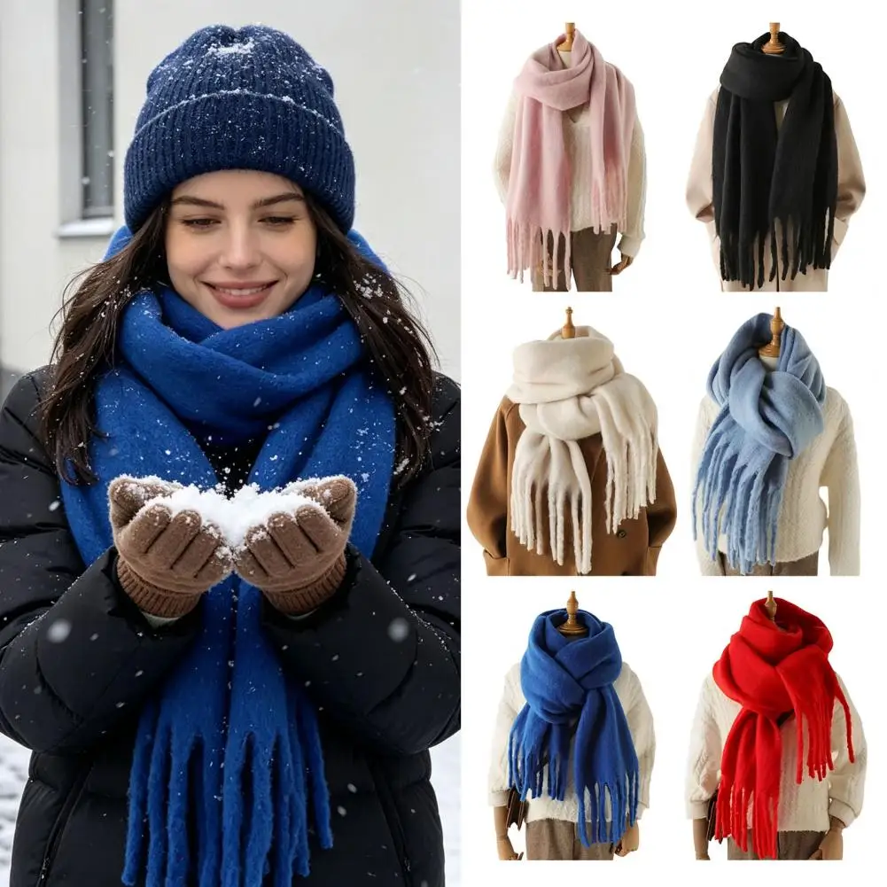 Extra Long Wide Thermal Scarf Thickened Imitation Rabbit Velvet Scarf with Tassels Warm Winter Neck Wrap for Weather for Women
