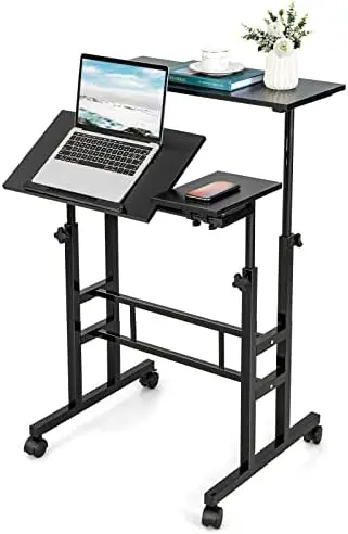 

Mobile Standing Desk Stand Up Desk, Height Adjustable Office Desk with Standing & Seating 2 Modes, Tilting Tabletop & F Boys