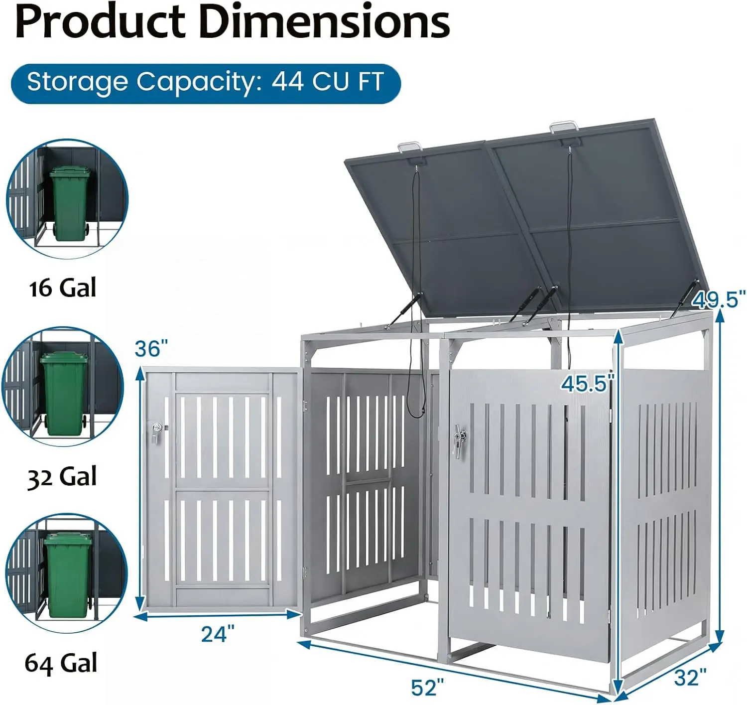 44 Cu.Ft Metal Outdoor Trash Can Storage Shed