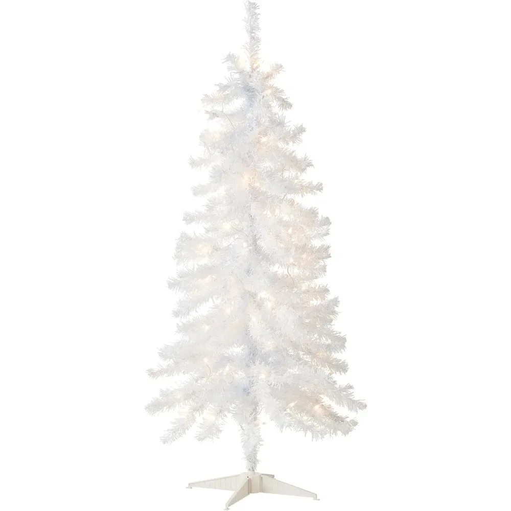 

Pre-Lit 4 Feet White Tinsel Artificial Christmas Tree with White Lights and Stand