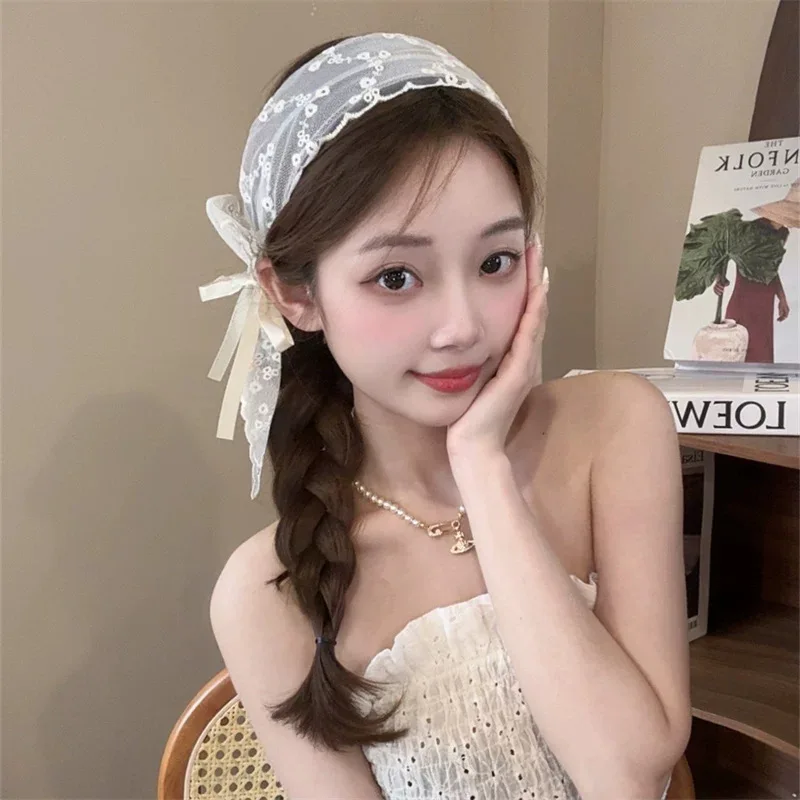 

Premium French Farmhouse Lace Headband Women Summer Mesh Bow Wide Hair Hoop Streamer Headwear Accessory