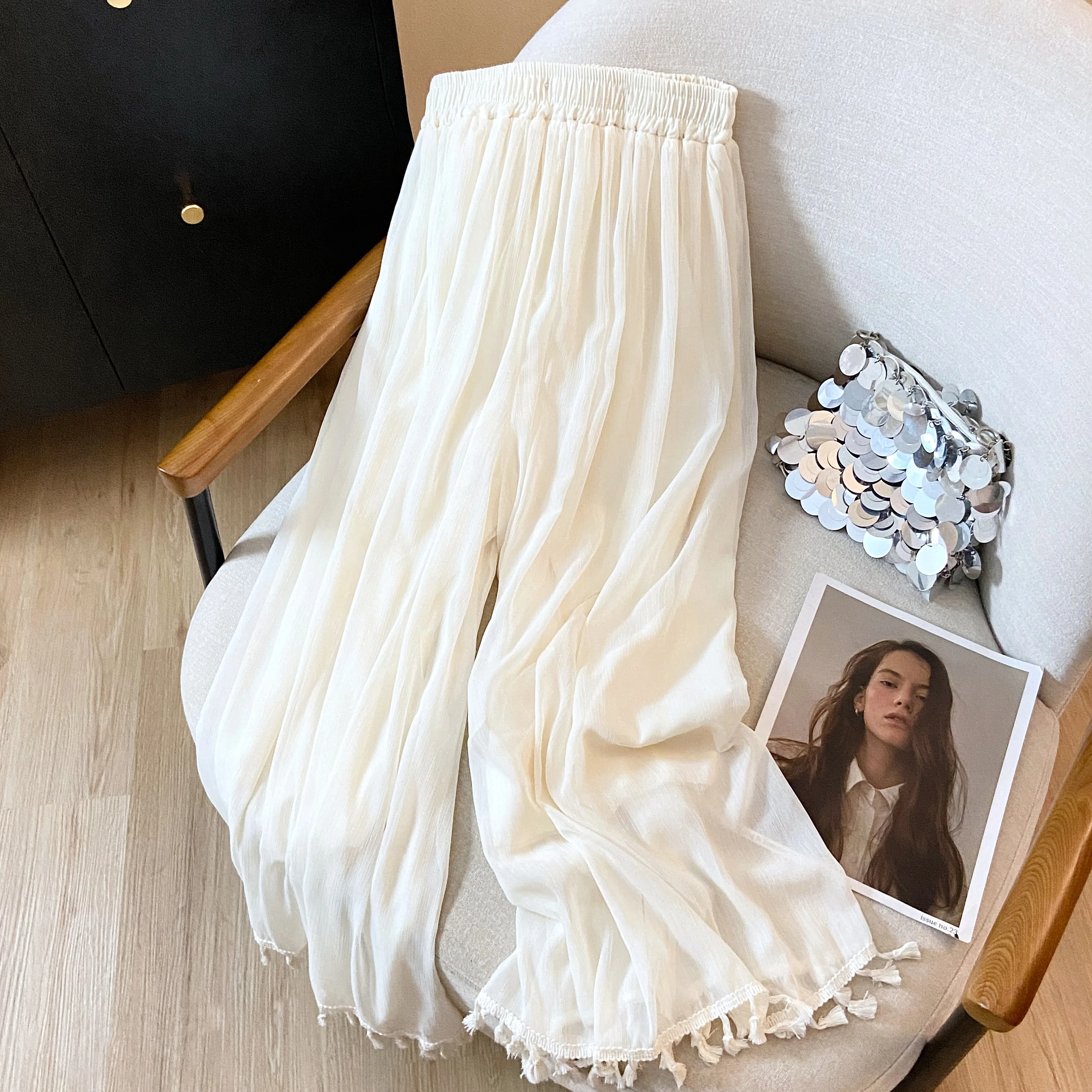 

Женские широкие брюки Ханьфу с бахромой, не просвечивающие, повседневные, свободного кроя, длинные, в художественном стиле