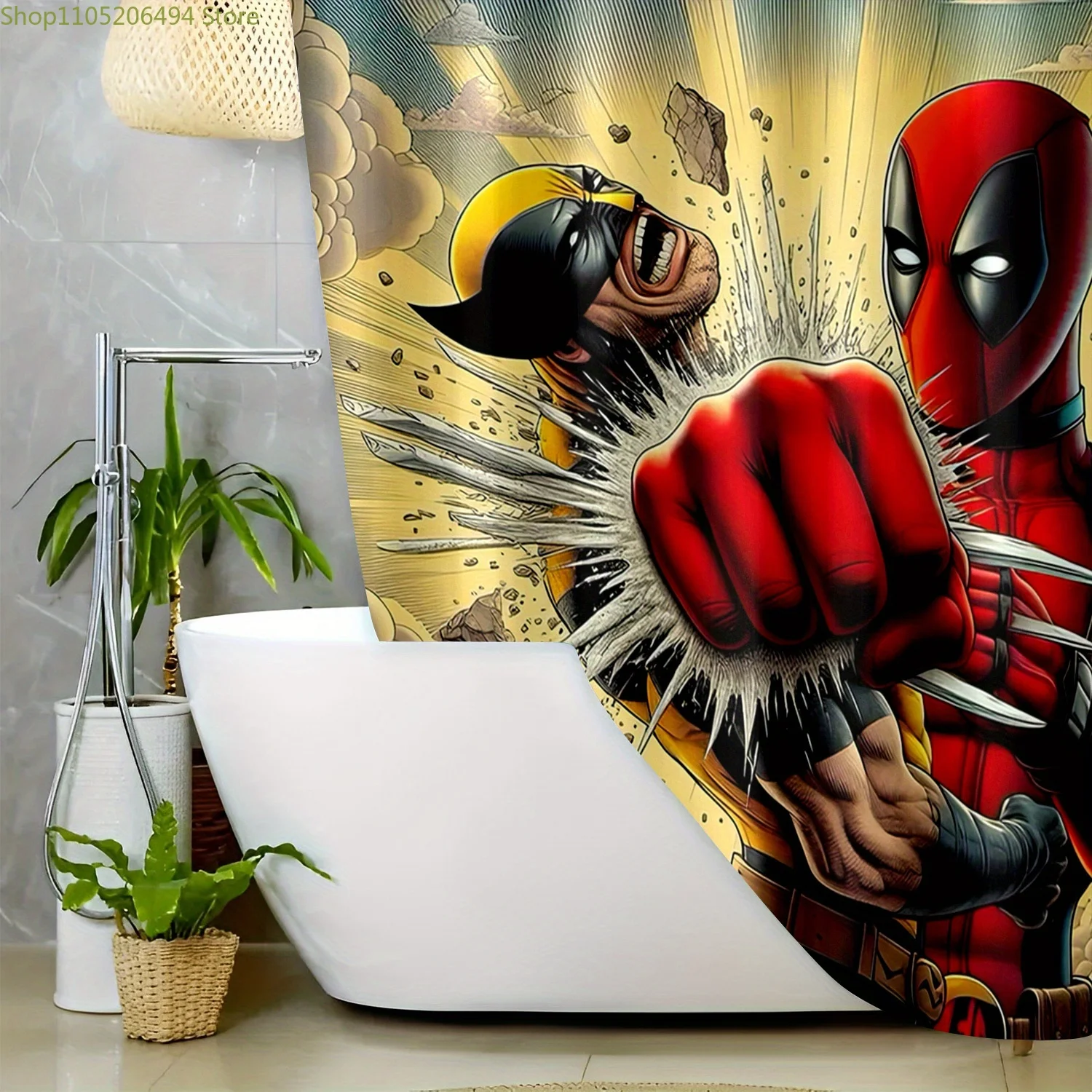 

1pc Marvel Shower Curtain Deadpool Patterned, Polyester Fabric, Home Bathroom Decoration, Shower Curtain Divider with Hooks, M