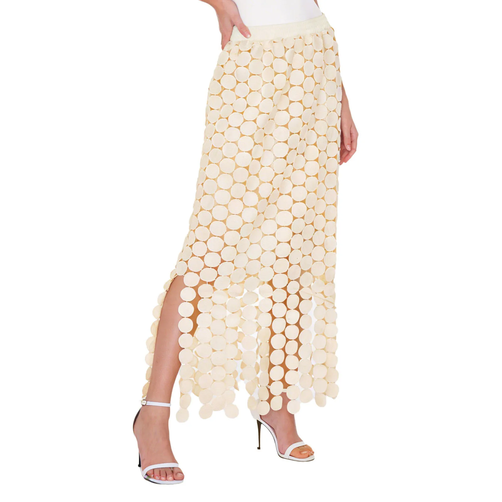 

Womens Boho Fringed Skirt Circular Dot Tassel Hollow Out Layer Elastic Waistband Midi Skirt with Lining for Beach Daily Casual