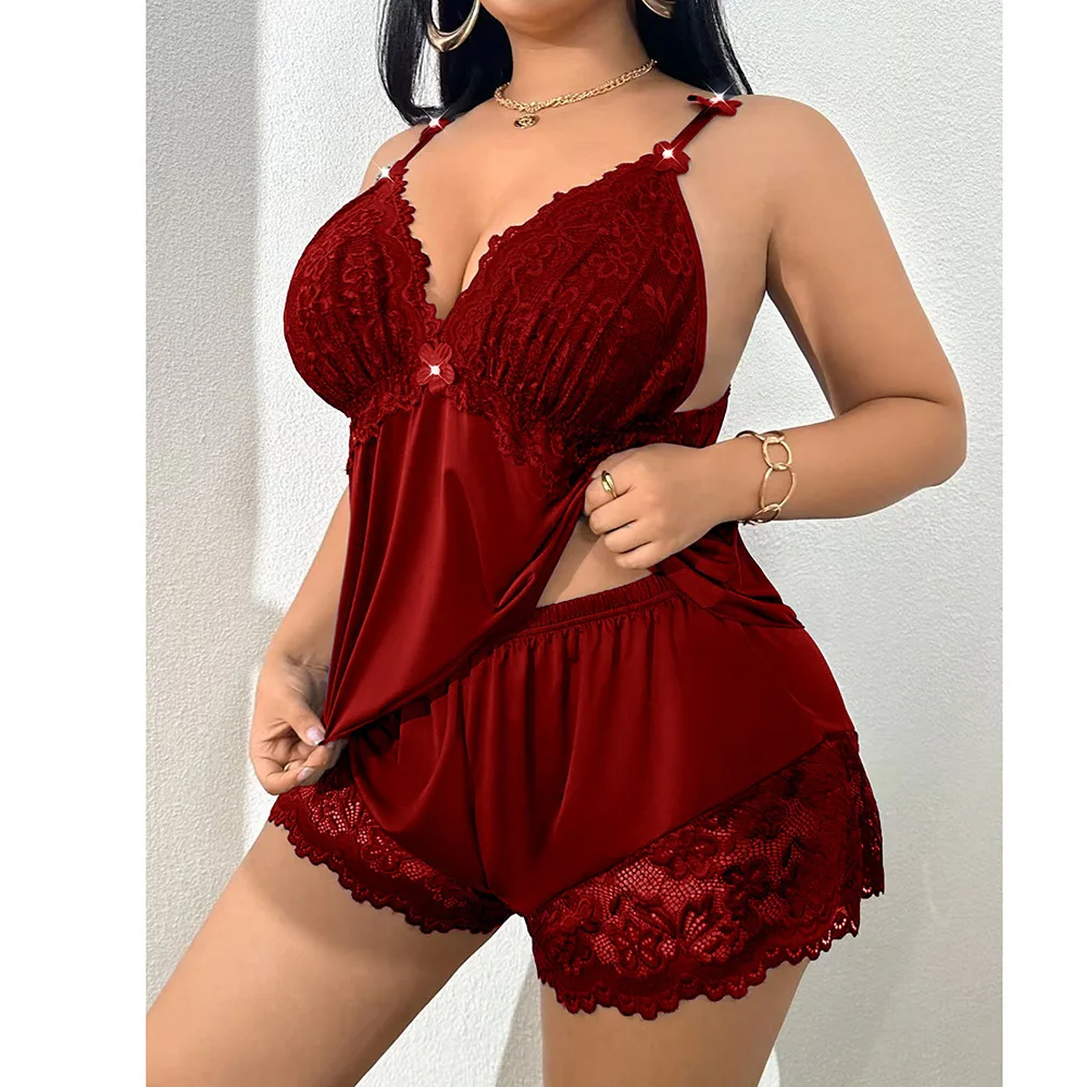 Plus Size Lace Camisole Nightdress Sexy Shorts Set Pure Desire Loungewear Solid Color Casaul Shorts Sets Pure Desire Charming