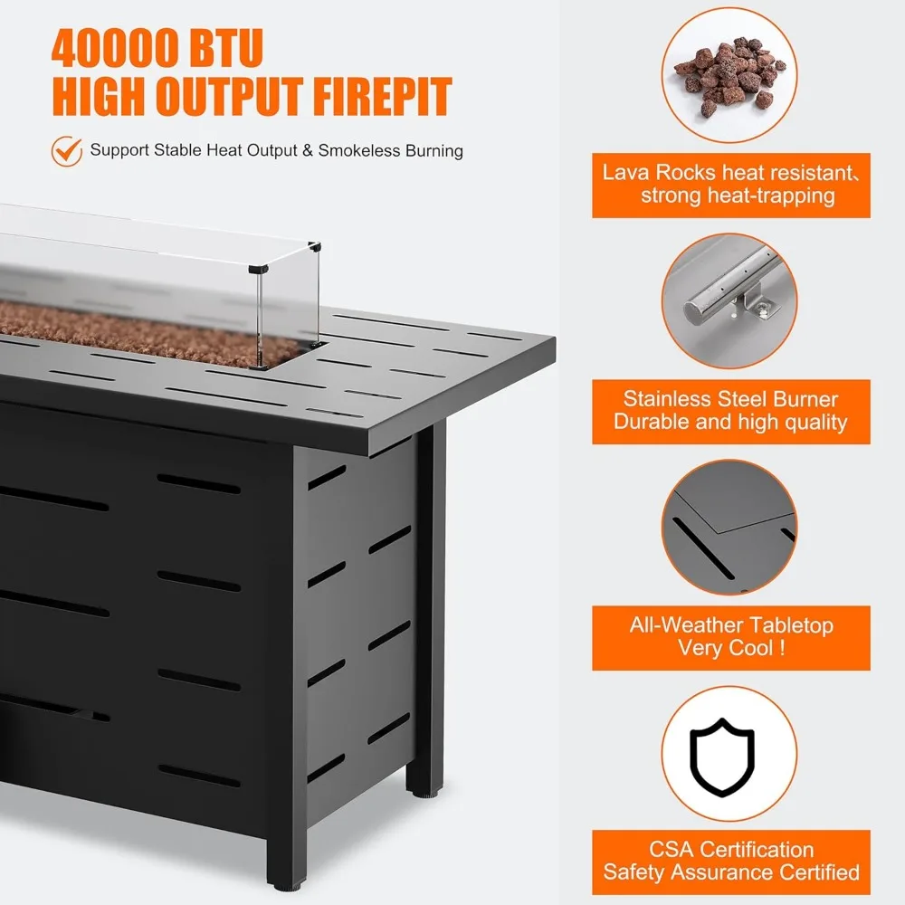 43 inch Outdoor Propane Fire Pit 50,000 BTU Gas Fire Pit Table with Lid,Waterproof Cover, Rectangle Gas Firepit Table for Garden