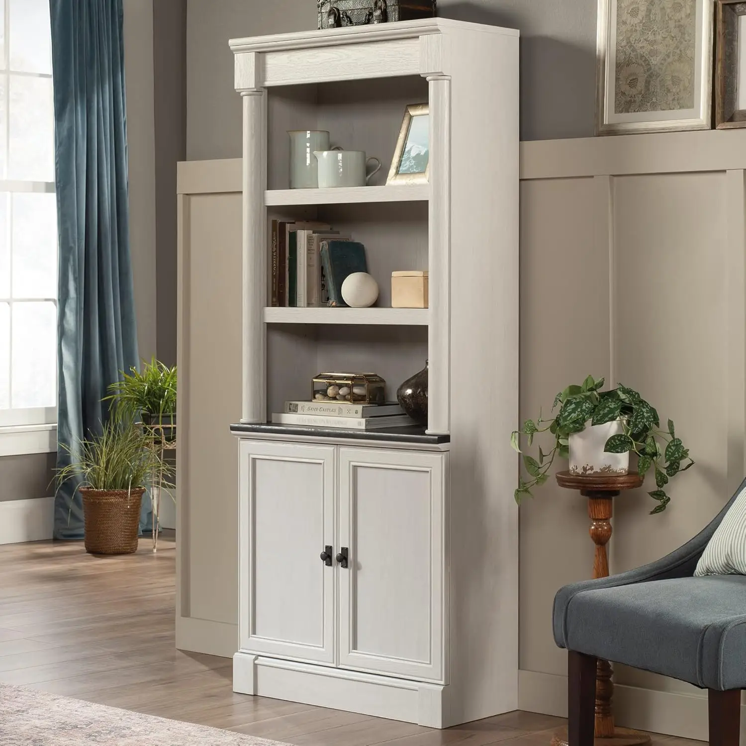 Book Shelf, Bookshelf with Storage, Library Bookcase with Doors and Adjustable Shelves, in Glacier Oak Finish