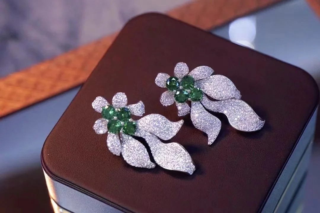 

green and white mixed color long leaf earring 925 sterling silver with cubic zircon fine women jewelry free shipping