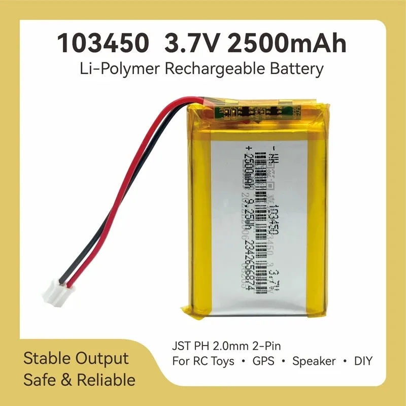 Image of 3,7V 2500mAh 103450 Polymer Li-Ionen-Akku JST PH 2,0mm 2-Pin für RC-Spielzeug, Lerngeräte, GPS, Bluetooth-Lautsprecher, DIY