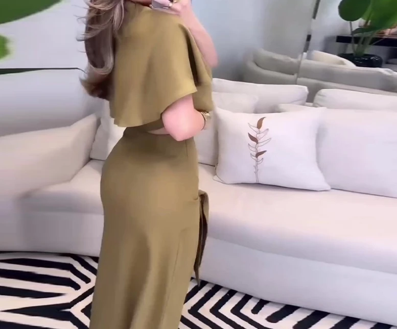 Fashion Shawl Collar Short Loose Top To Sexy Buttocks High Slit Lace Up Skirt Solid Color Temperament Casual Summer Skirt Set