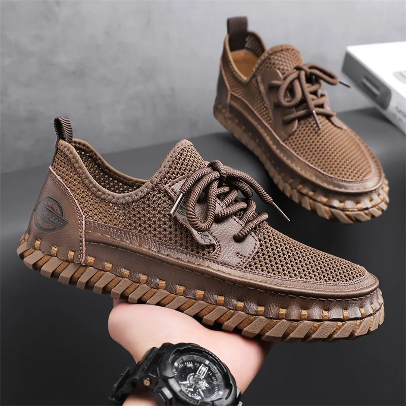 Heren Zomer Casual Mesh Schoenen Met Platte Zool Effen Kleur Modieuze Veters Comfortabele Ademende Sandalen